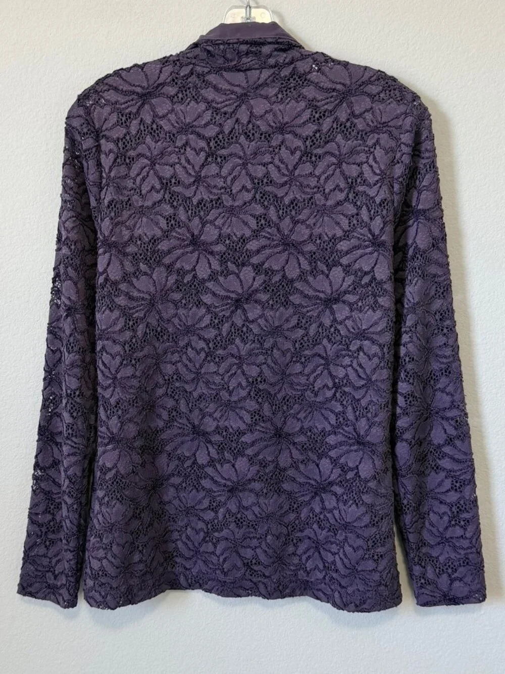 WHBM Long Sleeve Turtleneck Purple Floral Lace Stretch Blouse Women's Size M